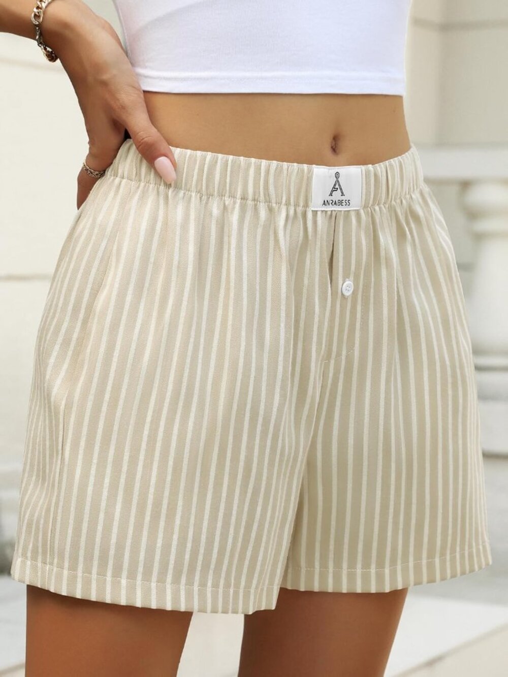 Women's Apricot White Wide Stripe Shorts for Gingham  Summer Lounge Sleep Short - Picture 4 of 6